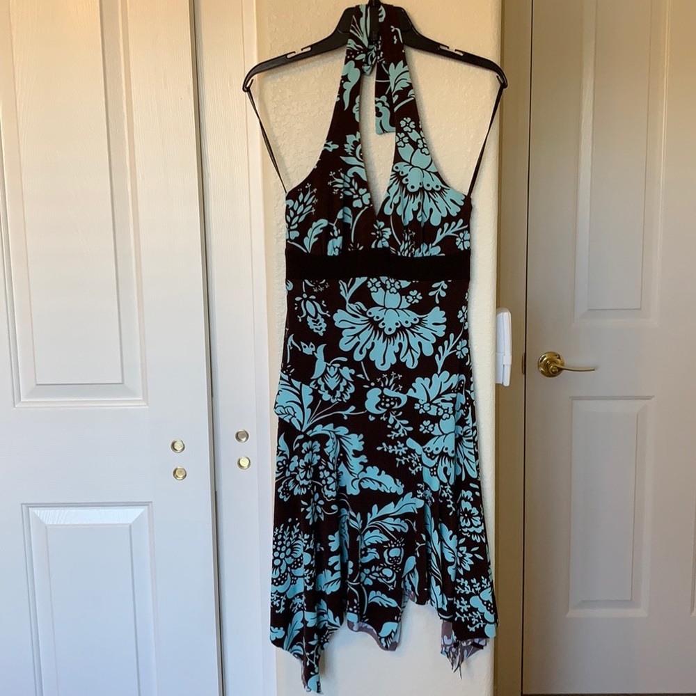 Brown w/ Hawaiian Turquoise Print Summer Dress Women’s Size M